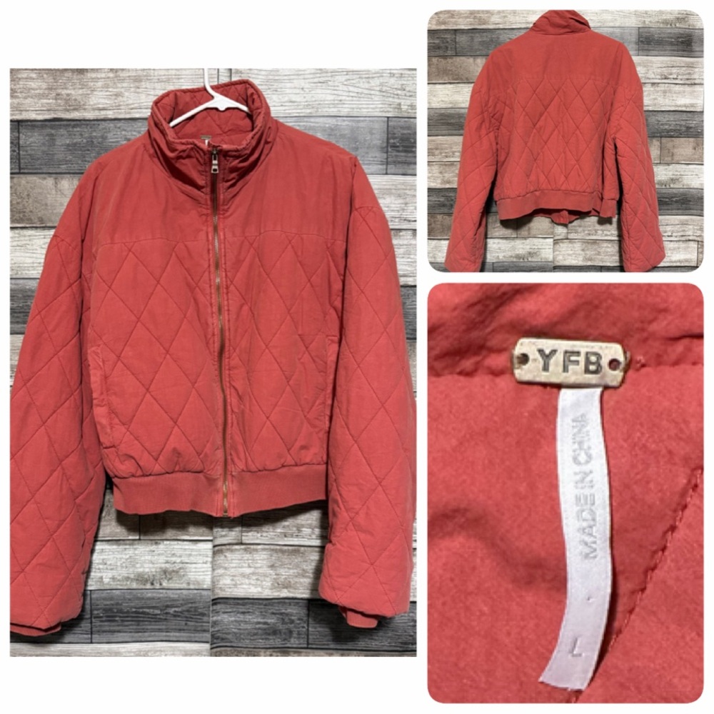 Young Fabulous & Broke Quilted Jacket Women’s L Red Orange Full Zip Casual Crop